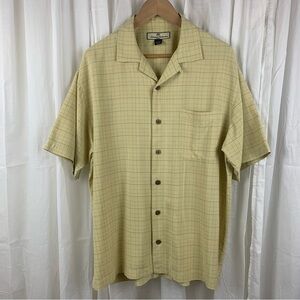 Tommy Bahama 100% Silk Yellow Tan White‎ Gray Pinstripe Check Camp Shirt Size M
